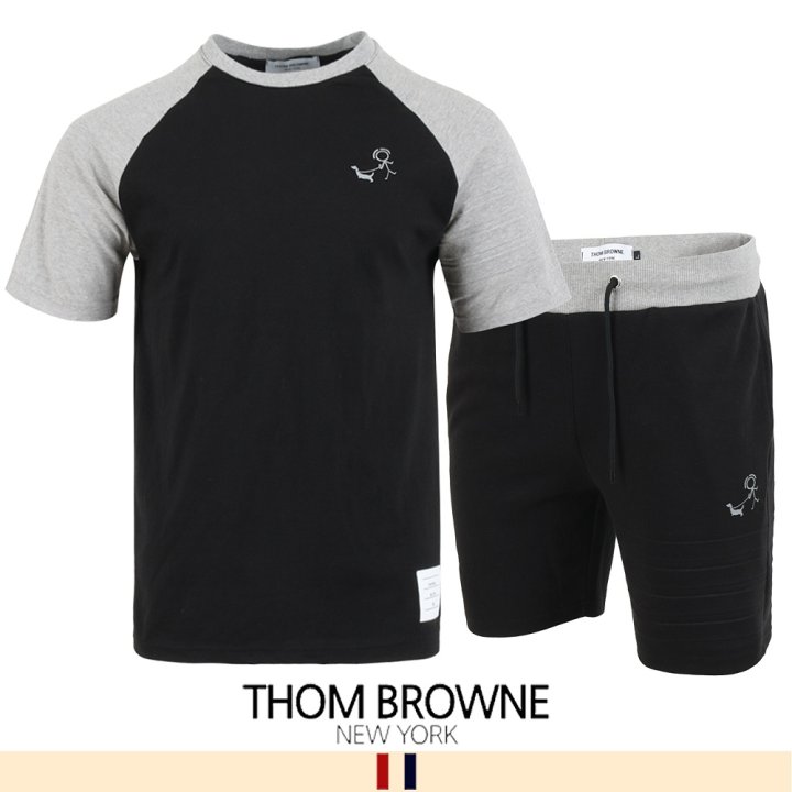 THOM BROWNE 톰브라운 4바 엠보 배색 반팔 & 반바지 세트
