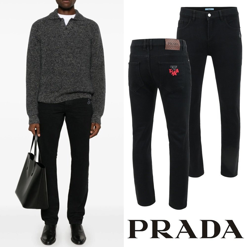 PRADA 프라다 클래식 레더 이니셜 레터링 융기모 슬림진
