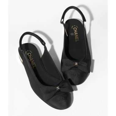 ●실사● 샤넬 리본 로고 블랙 슬링 플랫 슈즈